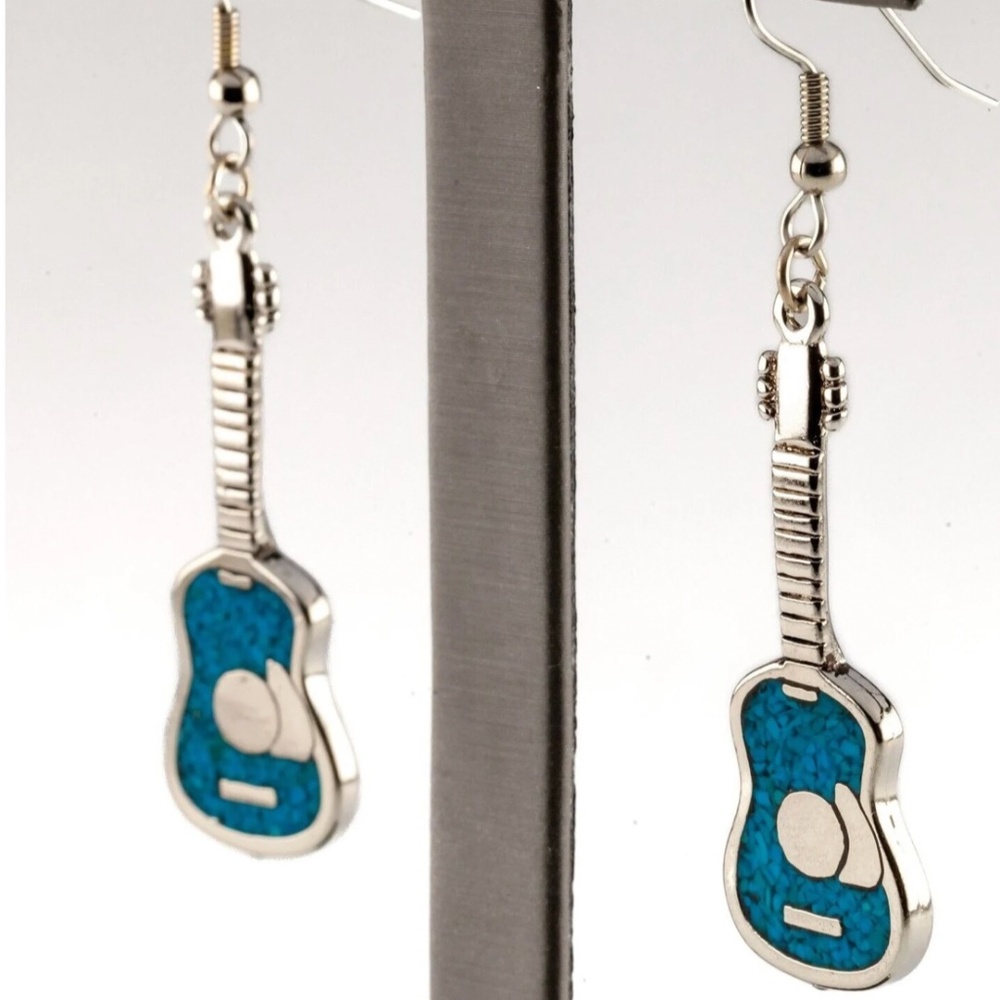 Sterling Silver Turquoise Inlay Acoustic Guitar Inlay Dangle Earrings